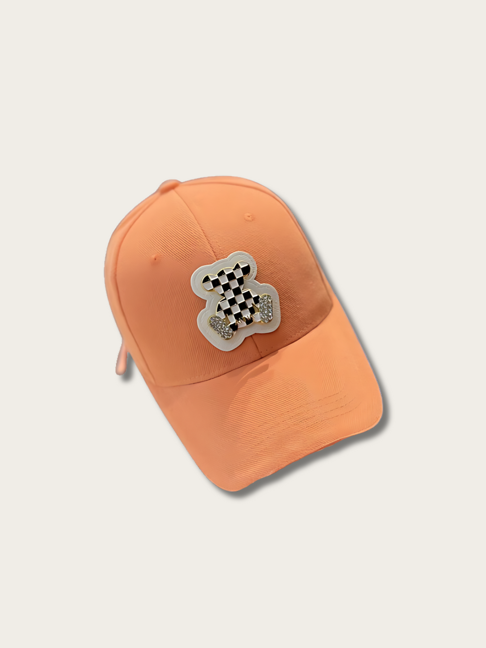 Embroidered Checkered Bear Japanese Cap - Orange