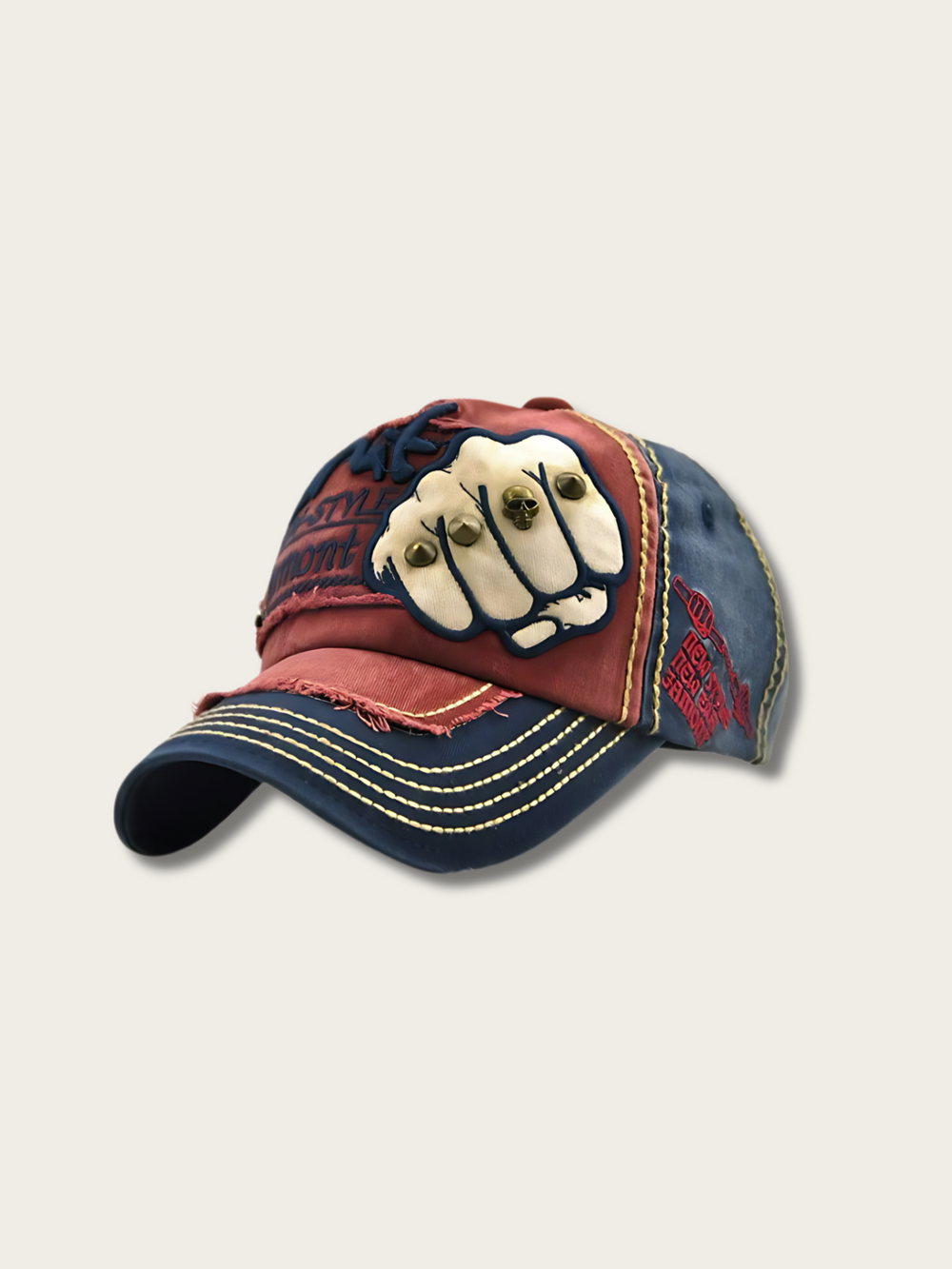 Vintage Fist Patch Japanese Denim Cap - Red