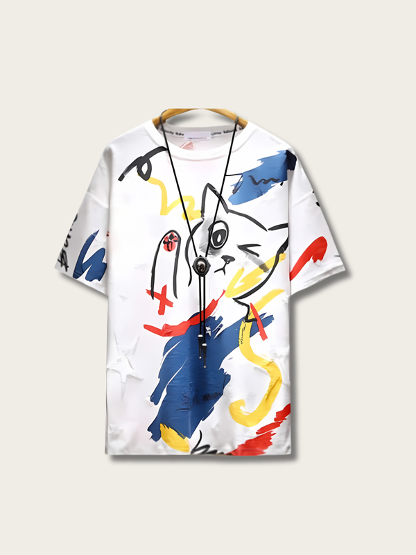 Cartoon Cat Retro Japanese T Shirt - Medium