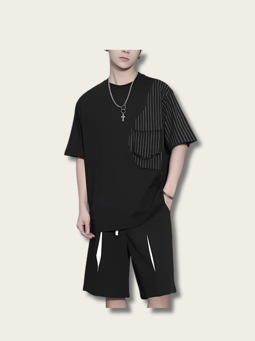 Pinstripe Drape Minimalist Japanese T Shirt - Large