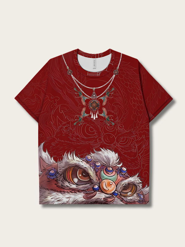 Dancing Print Lion Japanese T Shirt - Small