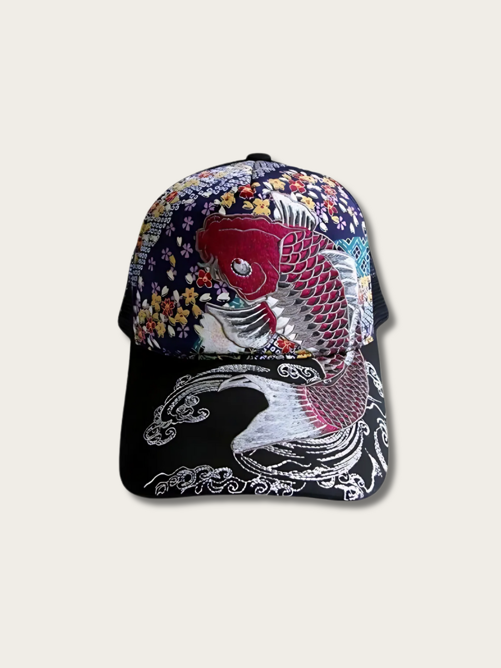 Koi Flow Embroidered Japanese Cap - Black
