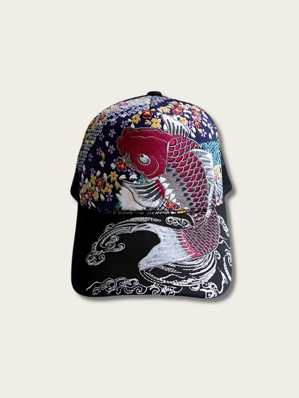 Koi Flow Embroidered Japanese Cap - Black