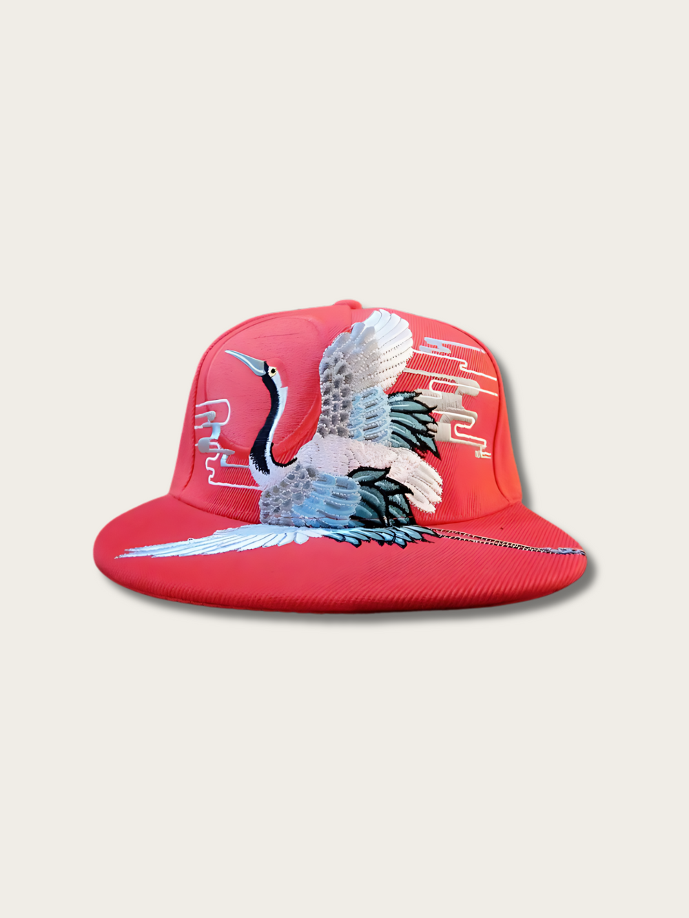 Printed Crane Design Japanese Cap - Red