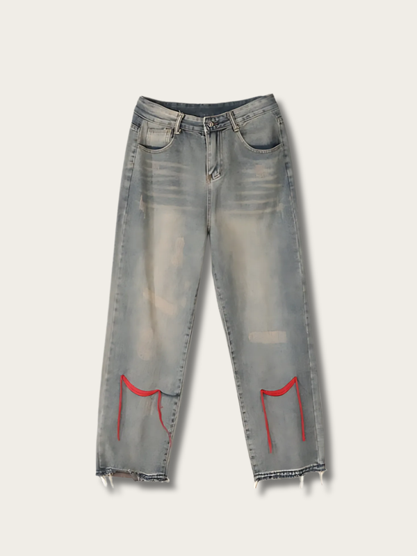 Red Accent Distressed Japanese Style Pants - Small