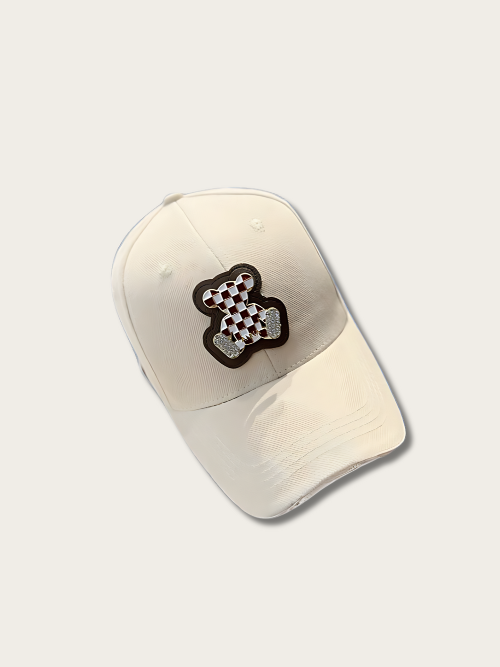 Embroidered Checkered Bear Japanese Cap - Beige