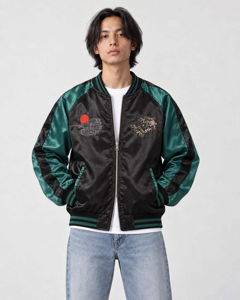 Model wearing the black and green tiger sukajan half zipped, front view