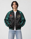 Model wearing the black and green tiger sukajan half zipped, front view
