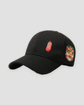 Side view of the black cap with the colorful embroidered lion-dance head on the side panel