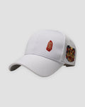 White baseball cap with a small red seal stamp on the front and a lion-dance head on the side
