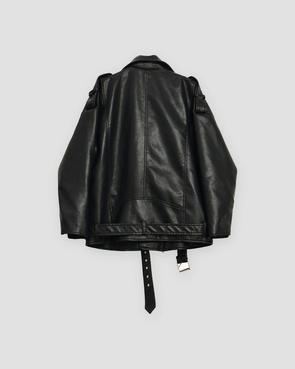 Black PU leather biker jacket, back view with the belt