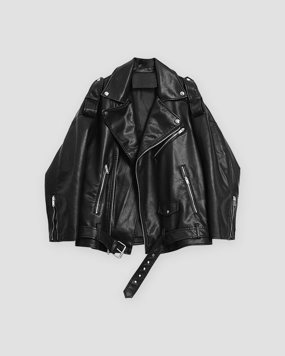Black belted PU leather biker jacket with wide lapels, front view