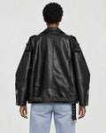 Model wearing the PU leather biker jacket, back view