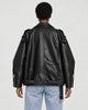 Model wearing the PU leather biker jacket, back view