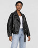 Model wearing the belted PU leather biker jacket, three-quarter view