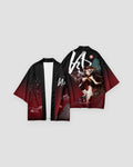 Black and red haori jacket shown open at the front and from the back, with a white brush character and a girl with a spear