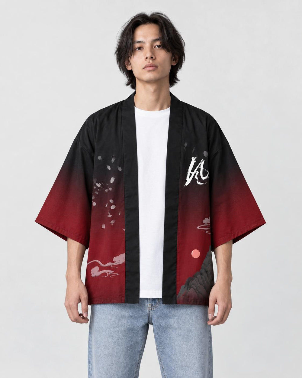 Man in the open black and red haori with a small white brush character on the chest, a white tee and light jeans