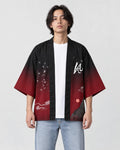 Man in the open black and red haori with a small white brush character on the chest, a white tee and light jeans