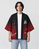Man in the open black and red haori with a small white brush character on the chest, a white tee and light jeans