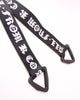 Close-up of the blackletter ribbon tails ending in black triangle loops