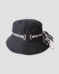 Black bucket hat with a white blackletter ribbon through silver rings, three-quarter view