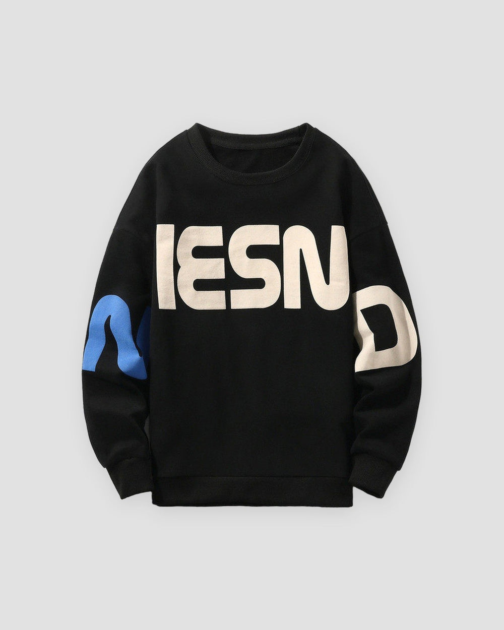 Black letter print sweatshirt with cream letters and a blue N, front view