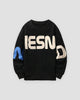 Black letter print sweatshirt with cream letters and a blue N, front view