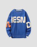 Blue letter print sweatshirt with cream letters and an orange N, front view