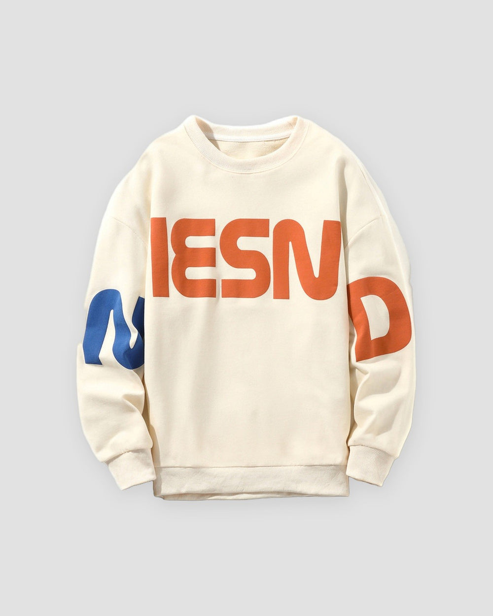Cream letter print sweatshirt with orange letters and a blue N, front view