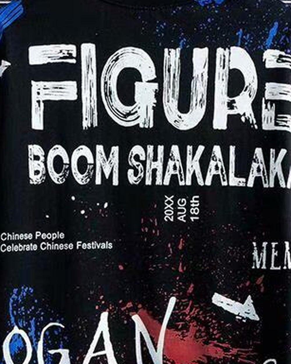 Close-up of the FIGURE BOOM SHAKALAKA lettering and paint splatter