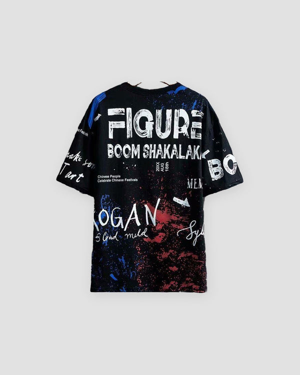 Black graffiti T-shirt, back view with FIGURE BOOM SHAKALAKA lettering