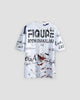 White graffiti T-shirt, back view with black lettering and splatter