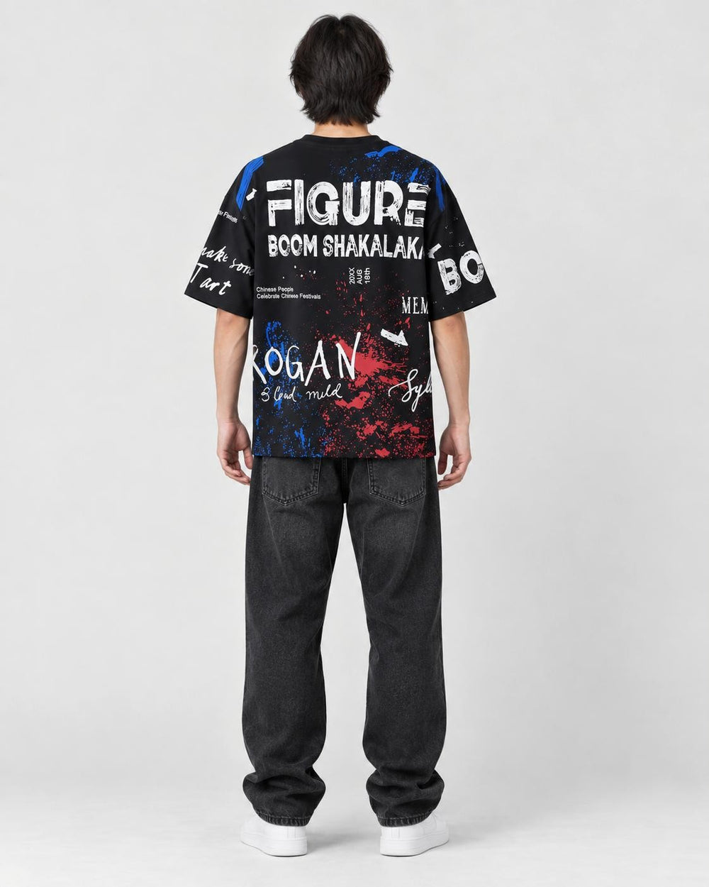 Model wearing the black graffiti T-shirt, back view of the print