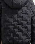 Back of the black jacket showing the brick-pattern quilting and the hood