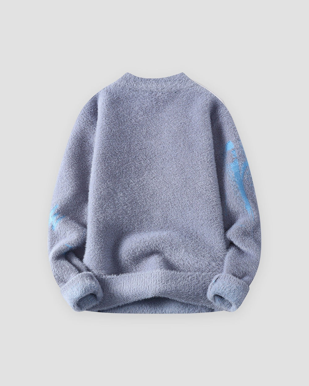Blue gray fuzzy knit sweater, back view