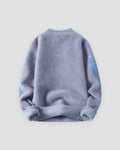Blue gray fuzzy knit sweater, back view