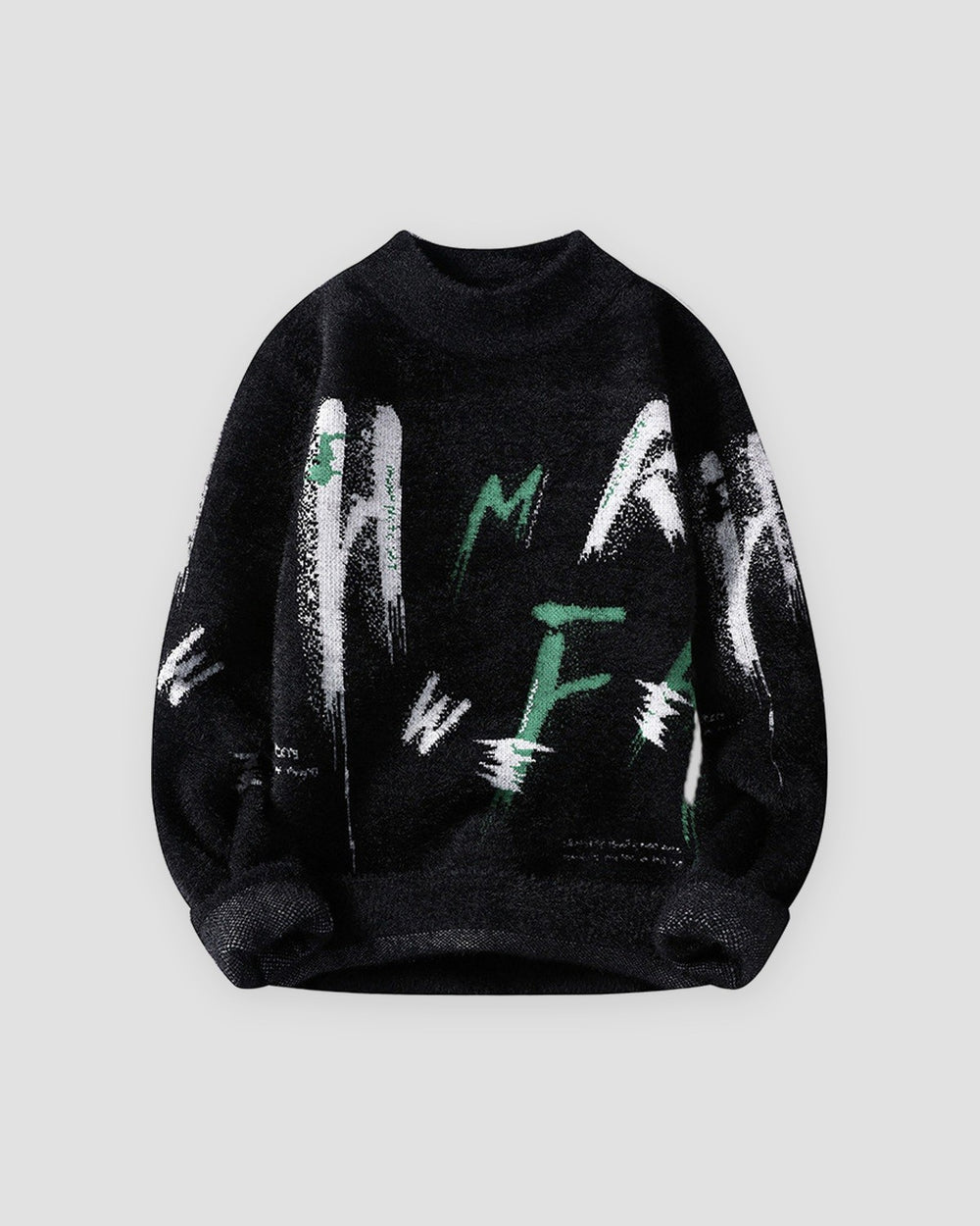 Black fuzzy knit sweater printed with white and green brushstroke letters