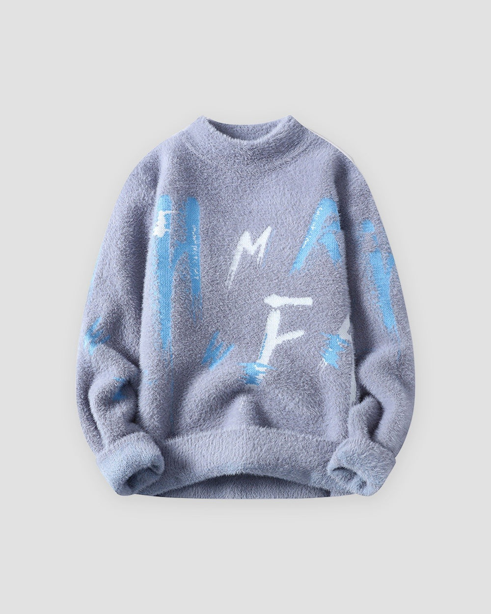 Blue gray fuzzy knit sweater printed with light blue brushstroke letters