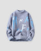 Blue gray fuzzy knit sweater printed with light blue brushstroke letters