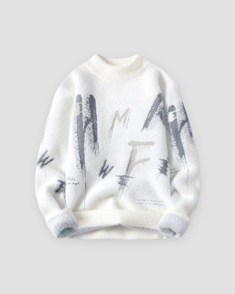 White fuzzy knit sweater printed with gray brushstroke letters