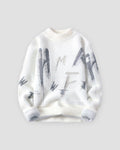 White fuzzy knit sweater printed with gray brushstroke letters
