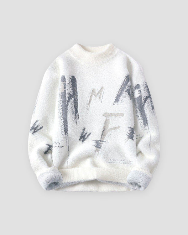 White fuzzy knit sweater printed with gray brushstroke letters