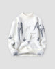 White fuzzy knit sweater printed with gray brushstroke letters