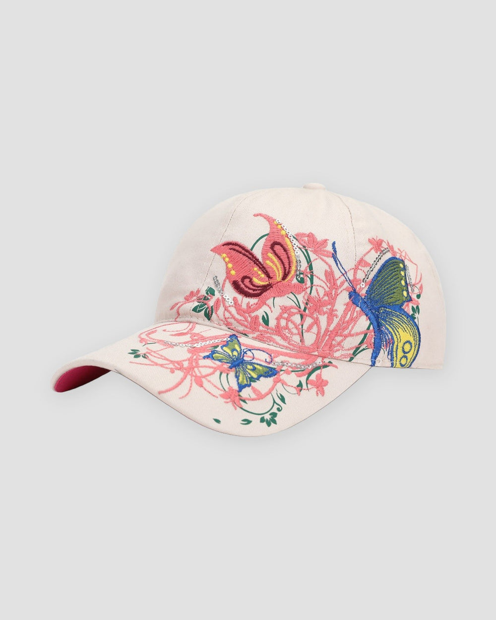 Beige baseball cap embroidered with butterflies and pink flower vines