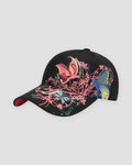 Black baseball cap embroidered with butterflies and flower vines