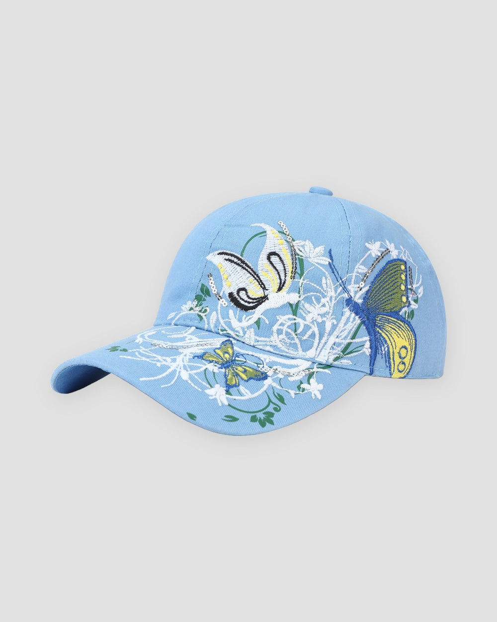 Light blue baseball cap embroidered with butterflies and white flower vines