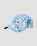 Light blue baseball cap embroidered with butterflies and white flower vines