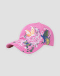 Pink baseball cap embroidered with butterflies and white flower vines