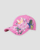 Pink baseball cap embroidered with butterflies and white flower vines