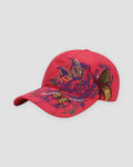 Red baseball cap embroidered with butterflies and purple flower vines